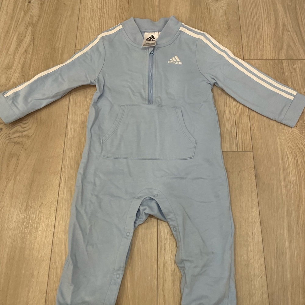 Adidas Blue Footies One Piece with Striped Sleeves